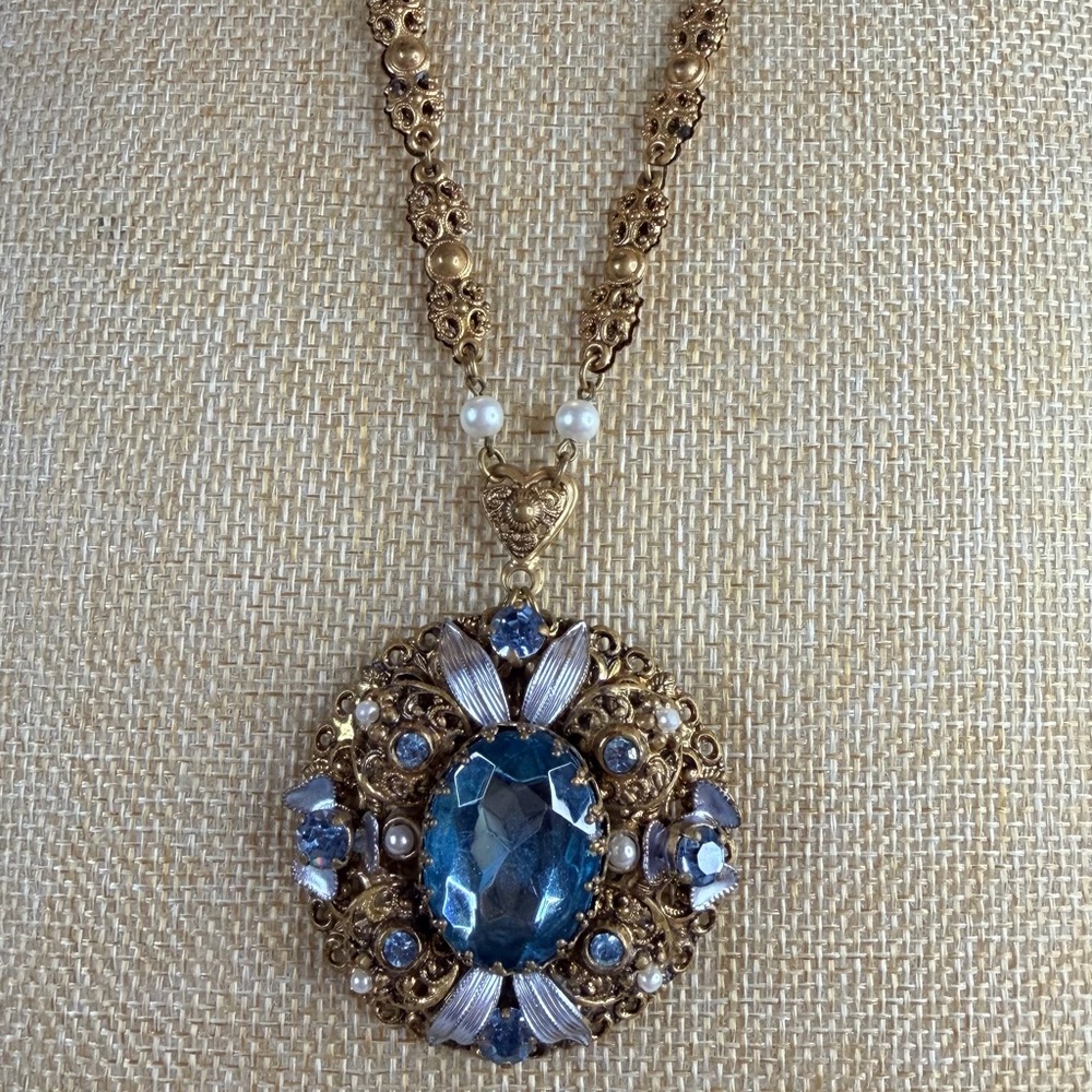 Vintage Western Germany Gold and Blue Pendant Necklace - Picture 4 of 11